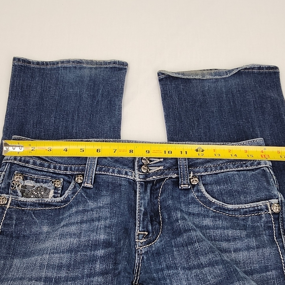Miss Me Medium Wash Boot Cut Denim Jeans Black lace And Jewel Embellishments - Picture 10 of 13
